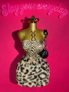 Slaydiva Women's Two Pieces Set,Beige,Autumn,70s,Night Out,Party,Leopard Zebra Print Glossy Knitted Crop Top & Brown Plush Mini Body-Hugging Skirt - Multicolor - View 14