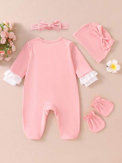 新生女婴玫瑰红色荷叶边长袖连体衣，带头带和帽子，3 件套家居服套装