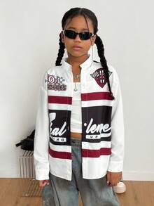 Tween 女童休闲英伦徽章印花立领长袖衬衫，宽松百搭，立领设计凸显颈部线条，正面和背面印花展现个性化街头风格，适合运动和街头服饰 - 白色 - 查看 5