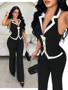 SHEIN SXY 女款優雅性感高端黑白夏季兩件式褲裝套裝，老錢風無袖西裝外套搭配長直筒長褲，適合夜店穿著 - 黑與白 - 查看 6