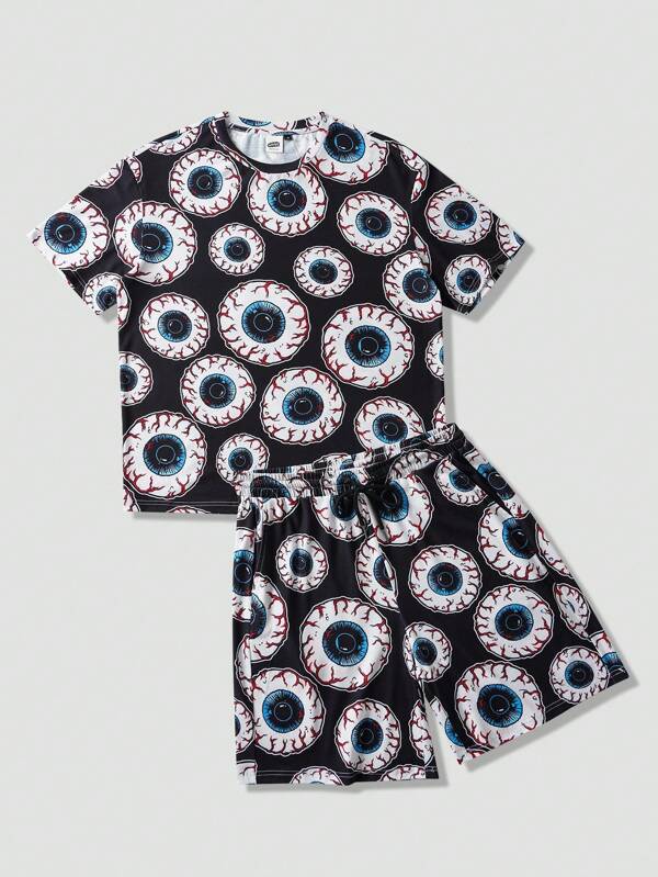 MADBALLS X SHEIN Men's Eye Pattern Round Neck Short Sleeve Top And Shorts Loungewear Set