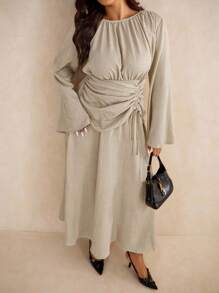 Elaquor Đầm thời trang nữ cỡ lớn màu trơn cổ tròn tay loe eo nhún bèo dây rút thiết kế thời trang - Màu be - Xem 5