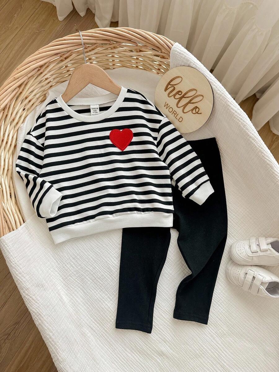 SHEIN Babygirl Casual Black & White Striped Long Sleeve Sweatshirt Set, Autumn/Winter Fall - Black and White - View 1