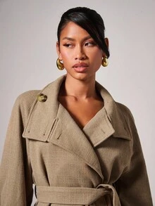 COSMINA Women's Elegant High Collar Tie-Up Regular Jacket, Autumn/Winter,Fall - Khaki - View 6