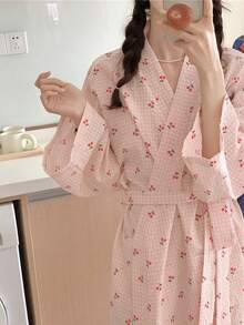 1 件 Ditsy 花卉 V 领甜美风格睡袍，春秋格子印花长袖浴袍，高端家居服适合日常居家、度假、户外、酒店，是洗完澡后回到学校居家和度假的理想选择 - 彩色 - 查看 7