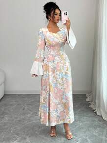 Yasmyna 女式梭织拼布饰边系带修身喇叭形阿拉伯风格连衣裙 - 彩色 - 查看 5