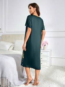 Women's Feather Print Crew Neck Short Sleeve Long Nightgown, Summer, Moo Moo - Multicolor - View 2