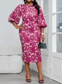 Fleurora 春夏优雅通勤办公室彩色针织圆领铅笔喇叭袖中长袖大码连衣裙女士夏装女士夏装女士夏装女士夏装大码夏装 - 中紫紅色 - 查看 5