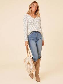 Coeurva V-Ausschnitt bunte Pompon Strukturstrick Pullover Für Frauen, elegant für Lässig, Pendeln und Streetwear, warm für Herbst/Winter