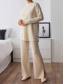 EURMUSE Women's Solid Color Drop Shoulder Long Sleeve Button Design Sweater And Flared Knit Pants Set Knit Two Piece Set Beige Two Piece Set Comfortable Two Piece Set Two Piece Set Women Ribbed Two Piece Set,Winter Clothes - Beige - View 5