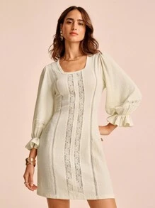 CAJUNI Women's Lace Patchwork Textured Semi-Sheer Boho Puff Sleeve A-Line Mini Dress - Cream - View 8