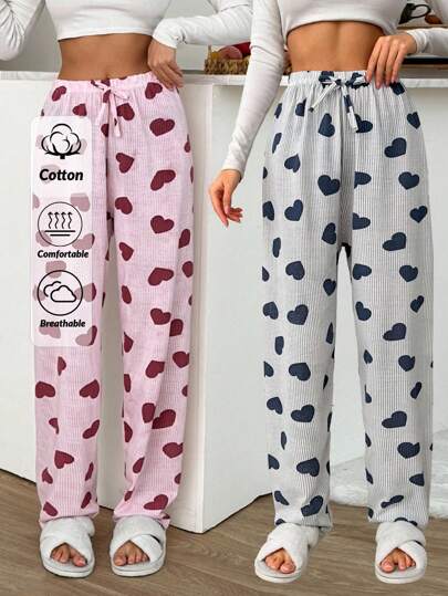 SHEIN PETITE PETITE SIZE 2pcs Striped With Heart Pattern Sleep Bottom Sets Comfy Pants Lounge Pants For Women Sleep Pants Pajama Pants Women Cute Pajama Pants