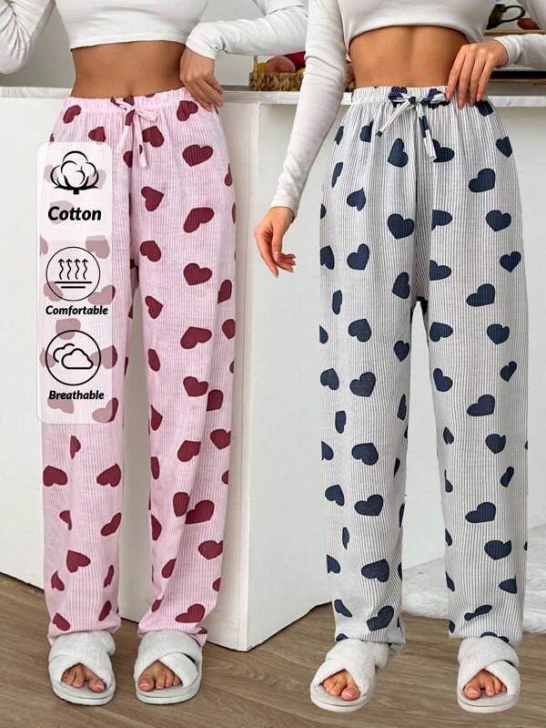 SHEIN Tall TALL SIZE 2pcs Striped With Heart Pattern Sleep Bottom Sets Comfy Pants Lounge Pants For Women Sleep Pants Cute Pajama Pants Cute Pijamaset Women