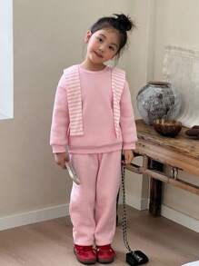 SHEIN 3pcs/Set Young Girl Light Pink Sweatshirt,Matching Pants & Striped Shawl,Back-To-School Summer Career Day Cute Round Neck Long Sleeve Outfits - Pink - View 10