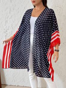 SHEIN LUNE Plus Size Women National Flag Lightweight 4th Of July Cover Up Kimono - Navy Blue - View 6
