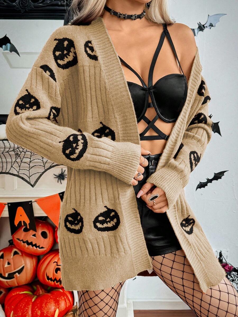 SHEIN ChicEase 万圣节骷髅图案休闲宽松女式开衫,日常穿着 - 卡其色 - 查看 1