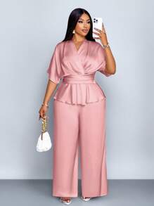 SOLERSUN 大码女装春夏时尚纯色优雅 V 领时尚精致短袖缎面不对称下摆衬衫和直筒阔腿优雅长裤套装、两件套西装、休闲宽松度假套装