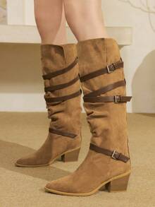 Styleloop 女士尖头不对称高跟时尚性感蛇皮网眼设计及膝靴，适合圣诞节、新年派对、约会之夜、春季休闲装 - 杏色 - 查看 5