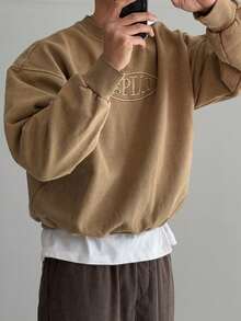 DAZY Autumn Letter Embroidery Khaki Short Street Style Men Pullover Sweatshirt Business Attire - Khaki - View 7