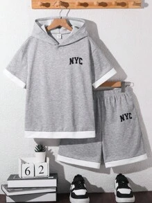 SHEIN 2pcs Tween Boys Casual University Style Loose Fit Short Sleeve Hoodie Sweatshirt And Shorts Set, Versatile For Commute, School, Everyday, Travel, Sports, Spring/Summer/Fall/Winter