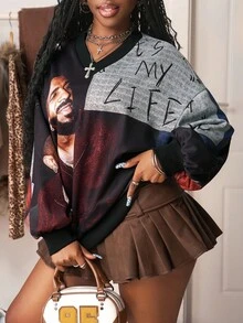 Slaydiva 2025年秋季新品，适合生日派对、校园风格、学生装、日常外出、基础百搭、休闲、度假、邮轮旅行、海滩、日光浴、网络热搜、街头风格、朋克风格、俱乐部、V领长袖、肖像印花、宽松运动衫、秋季上衣、女式连帽衫 - 彩色 - 查看 6