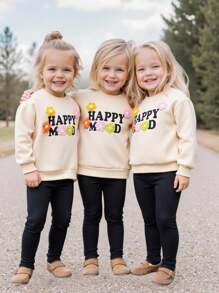 SHEIN Baby Girl Beige Autumn Casual Family Matching Happy Mood Floral Sweatshirt And Black Crisscross Leggings Set,Minimalist Round Neck Pullover Outfit - Apricot - View 9
