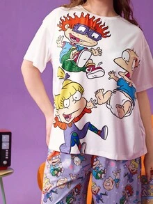 Nick 90s | SHEIN 大码卡通人物图案圆领短袖上衣和裤子睡衣套装 - 白色 - 查看 3