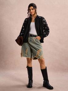 SHEIN LUNE 大码女式花卉亮片插肩袖拉链前开襟飞行员夹克，冬季黑色夹克 - 黑色 - 查看 4