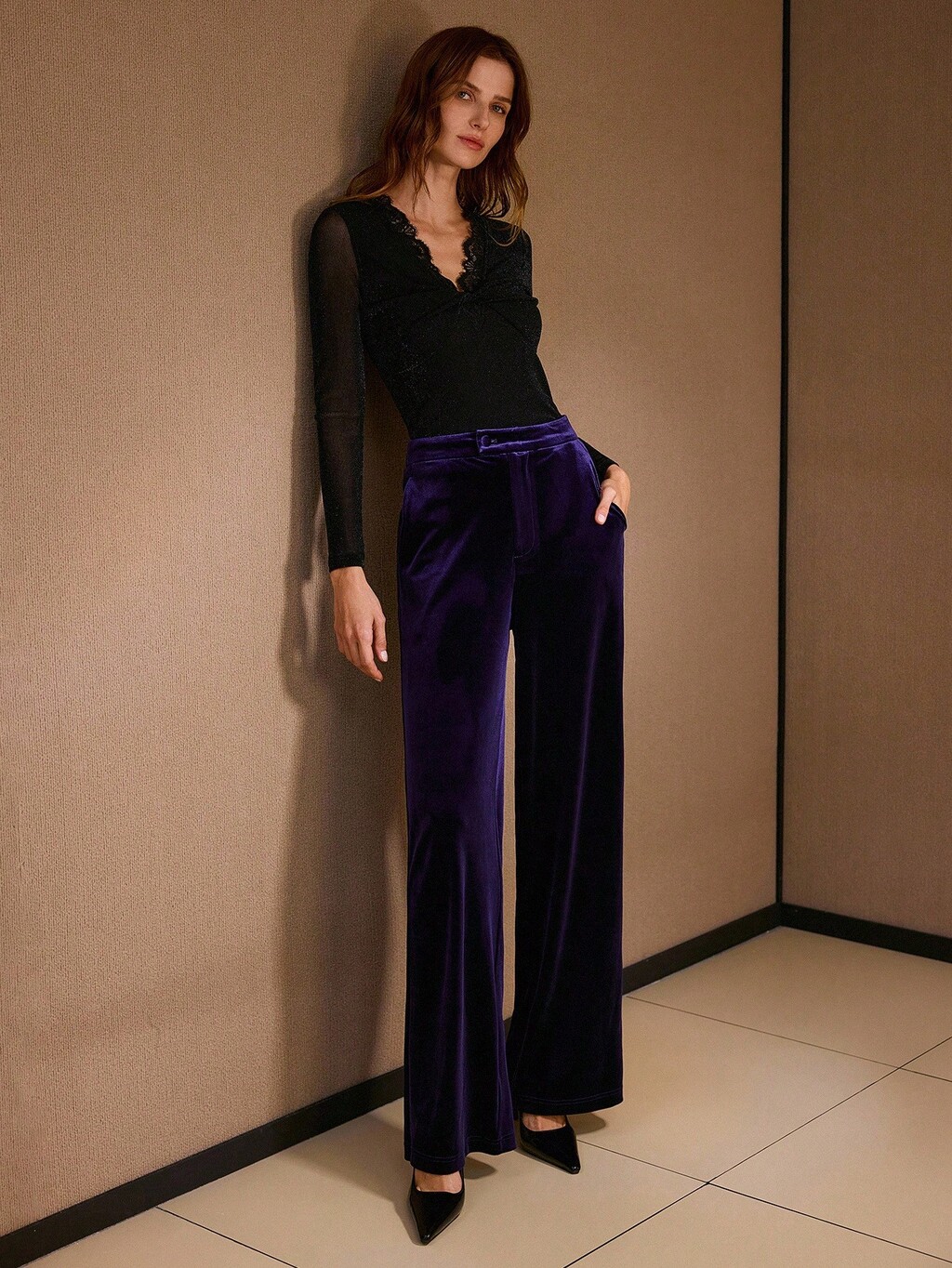 VELVET SOLID SLANT POCKET WIDE LEG SUIT PANTS
