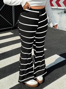 SHEIN EZwear 大码春季休闲条纹抽绳腰喇叭裤 - 黑色 - 查看 7