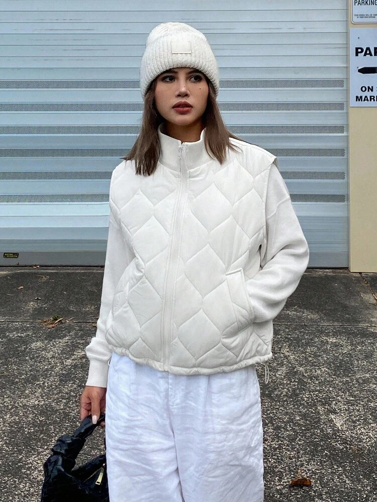 Women's Quilted Sleeveless Padded Coat With Stand Collar, Autumn/Winter Jacket Vest
