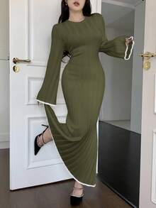 Feyla Vestido de suéter de manga larga ajustado para mujer, adecuado para uso diario en otoño/invierno - Verde militar - Ver 2