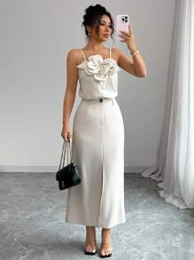 Rafferiza 碎花吊带背心和休闲开叉裙两件套