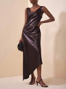 Zivah Dark Brown,Autumn,Elegant,Dining,Faux Leather Midi Dress,Draped Neck Sleeveless,Waist Cinched A-Line,Slit,Ruffle Asymmetric Hem,Fashionable PU Maxi - Brown - View 6