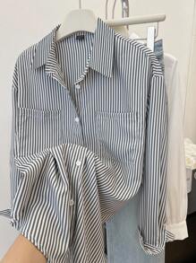 Elamini 休闲百搭简约条纹长袖衬衫 - 黑色 - 查看 3