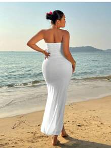 Sunnyshic Plus Size Wrap Style Form-Fitting Printed Dress, Vacation - White - View 2