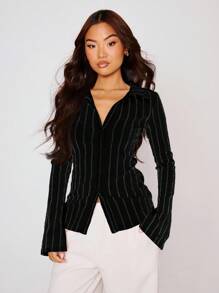 MUSERA 修身条纹喇叭长袖衬衫，休闲、可爱、优雅，适合各种场合，包括假日、工作、冬季派对、情人节、春夏等。 - 黑色 - 查看 1