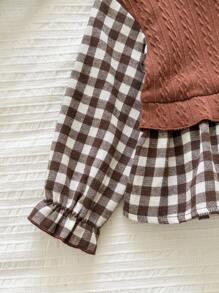 LMoss Kids LMoss 2件套女童针织撞色格纹圆领休闲T恤和打底裤套装，舒适秋冬款式，套头衫，姐妹装 - 彩色 - 查看 4