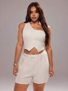 Rustia Conjunto de 2 piezas de chaleco y pantalones cortos asimétricos para ir al trabajo, talla grande - Albaricoque - Ver 3
