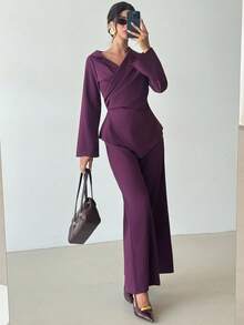 Firerie Women's Solid Color Wide Leg Loose Elegant Pants - Red Violet - View 4