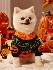 PETSIN 1 Piece Of Cat/Dog Universal Pet Clothing, Pumpkin Halloween Sweater Pullover, Autumn And Winter Warm Thread Clothing, Dog Clothing - Orange black - View 4