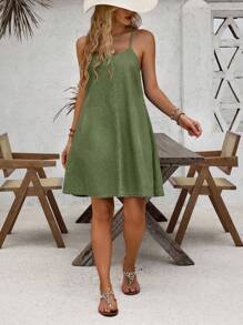 EMERY ROSE 女式休闲度假时尚口袋牛仔吊带裙 - 綠色 - 查看 5