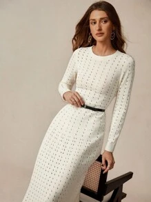 Chiquease Solid Color A-Line Knit Dress, Round Neck Hollow Out Bohemian Style Knit Dress Fall Winter Cloth For Women - Apricot - View 1
