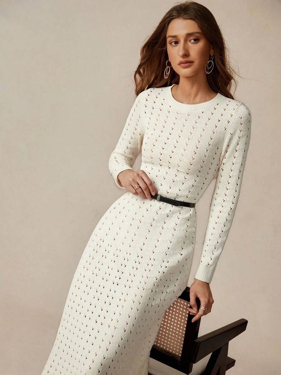 Chiquease Solid Color A-Line Knit Dress, Round Neck Hollow Out Bohemian Style Knit Dress Fall Winter Cloth For Women - Apricot - View 1