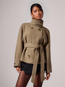 COSMINA Women's Elegant High Collar Tie-Up Regular Jacket, Autumn/Winter,Fall - Khaki - View 3