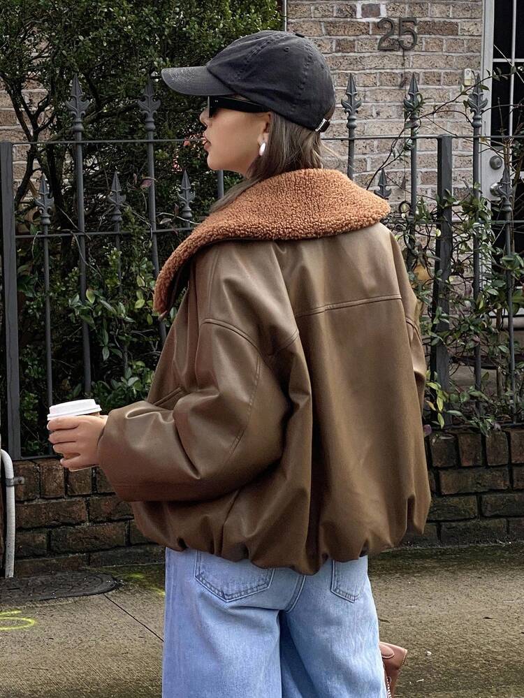 Vintage Patchwork Sherpa Collar Zipper Loose Women Padded Coat Winter Jacket Leather Jacket