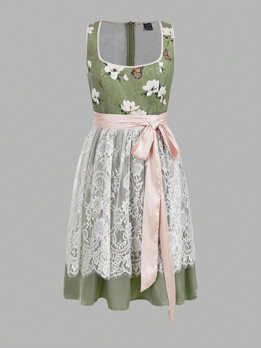 Fairmaia Butterfly Floral Waist Cinching Short Vintage Dress, For Beer Festival, Dirndl, Halloween - Green - View 1