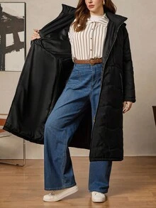 Zelara 大码纯色拉链连帽保暖羽绒服，秋冬季商务休闲工作秋季教师款 - 黑色 - 查看 4