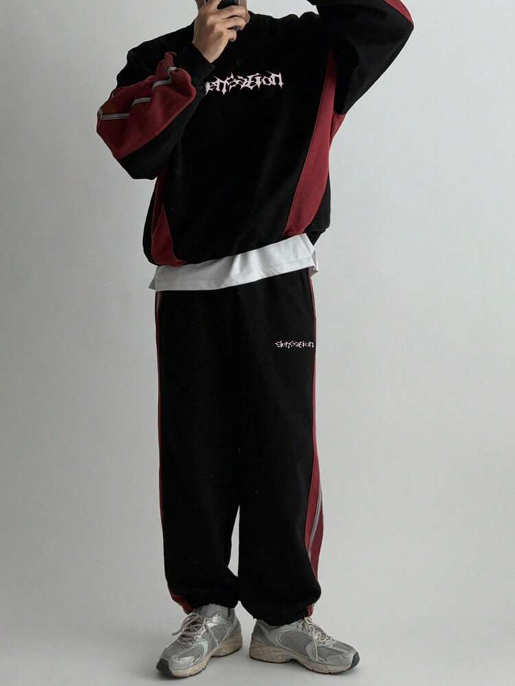 Men's Autumn Patchwork Contrast Color Abstract Letter Print Street Style Decorative Line Design Pullover Sweatshirt & Pants Set