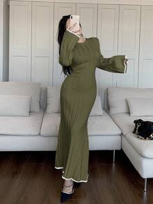 Feyla Vestido de suéter de manga larga ajustado para mujer, adecuado para uso diario en otoño/invierno - Verde militar - Ver 4